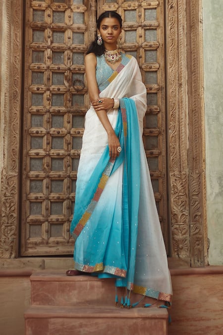 Shop Pratibha Sultania Blue Silk, Organza Sequins V Neck Ombre Saree With Embroidered Blouse at Aza Fashions Shop_Pratibha Sultania_Blue Silk, Organza Sequins V Neck Ombre Saree With Embroidered Blouse_at_Aza_Fashions