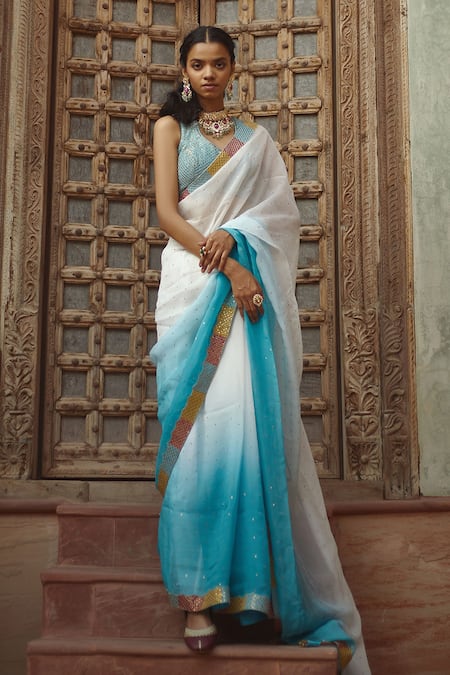 Pratibha Sultania Blue Silk Embroidered Sequins V Neck Ombre Saree With Blouse For Women