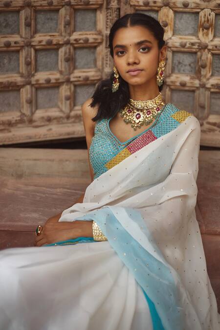 Buy Pratibha Sultania Blue Silk, Organza Sequins V Neck Ombre Saree With Embroidered Blouse Online at Aza Fashions Buy_Pratibha Sultania_Blue Silk, Organza Sequins V Neck Ombre Saree With Embroidered Blouse_Online_at_Aza_Fashions