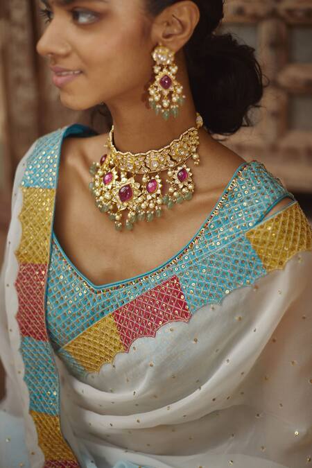 Shop Pratibha Sultania Blue Silk, Organza Sequins V Neck Ombre Saree With Embroidered Blouse Online at Aza Fashions Shop_Pratibha Sultania_Blue Silk, Organza Sequins V Neck Ombre Saree With Embroidered Blouse_Online_at_Aza_Fashions