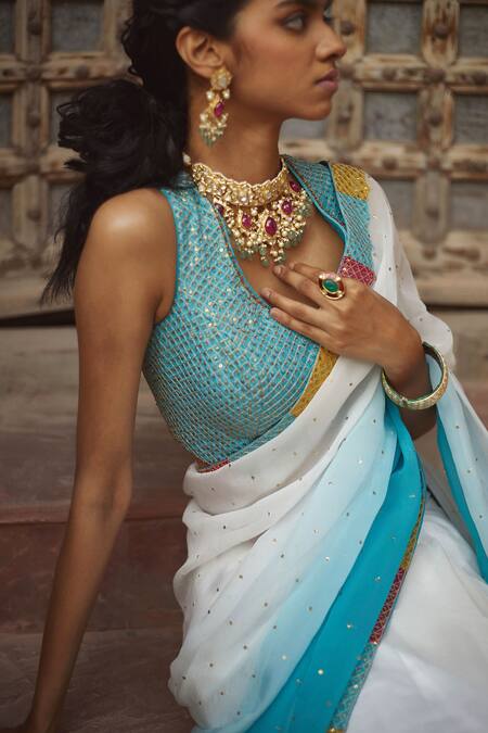 Pratibha Sultania Blue Silk, Organza Sequins V Neck Ombre Saree With Embroidered Blouse at Aza Fashions Pratibha Sultania_Blue Silk, Organza Sequins V Neck Ombre Saree With Embroidered Blouse_at_Aza_Fashions