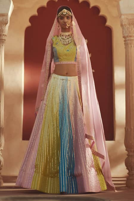 Pratibha Sultania Multi Color Taffeta Embroidered Gota Patti V Neck Lehenga Set 