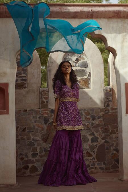 Buy_Pratibha Sultania_Purple Chanderi Jaal Motifs V Neck Embroidered Kurta Sharara Set_Online_at_Aza_Fashions