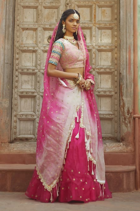 Pratibha Sultania Pink Chanderi Embroidered Floral Buttis V Neck Ombre Lehenga Set 