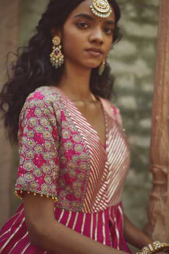Pratibha Sultania_Pink Organza, Chanderi Gota Patti V Neck Embroidered Anarkali Set_at_Aza_Fashions