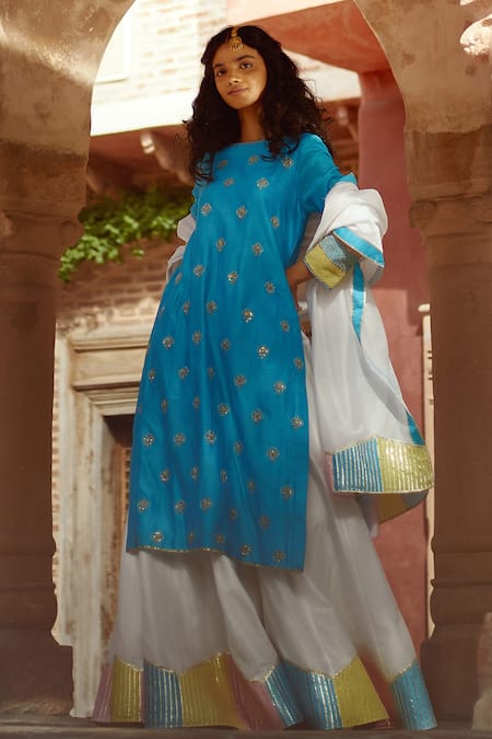 Pratibha Sultania Blue Chanderi Embellished Floral Buttis Round Kurta Set 