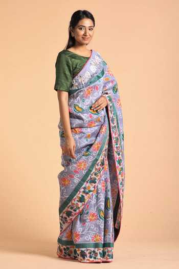 Label Pratham_Blue Pichwai Tussar Linen Saree_Online_at_Aza_Fashions