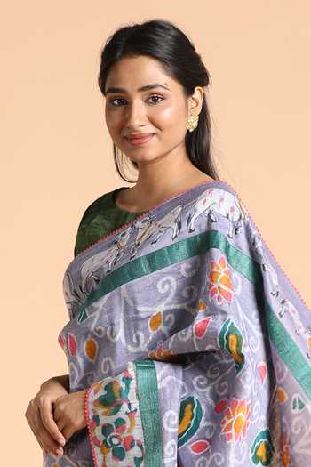 Buy_Label Pratham_Blue Pichwai Tussar Linen Saree_Online_at_Aza_Fashions
