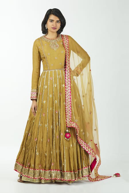 Priyanka Singh Yellow Cotton Round Embroidered Anarkali Lehenga Set 