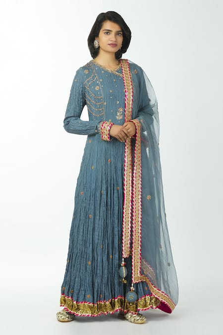 Priyanka Singh Blue Cotton Round Embroidered Anarkali Set  