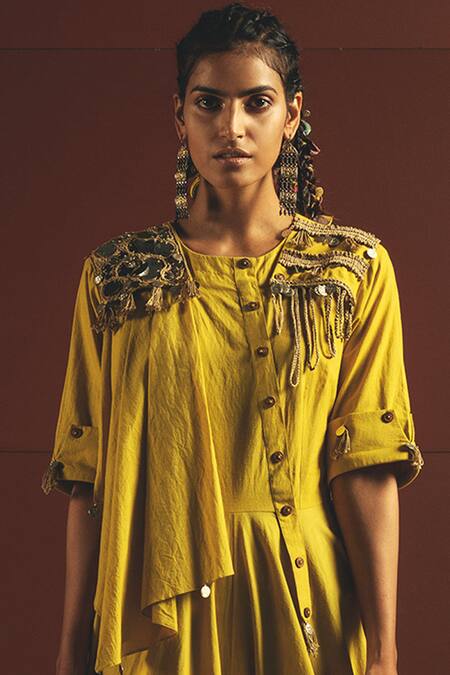 Shop Priyanka Singh Yellow Cotton, Mul Round Embroidered Jumpsuit at Aza Fashions Shop_Priyanka Singh_Yellow Cotton, Mul Round Embroidered Jumpsuit_at_Aza_Fashions