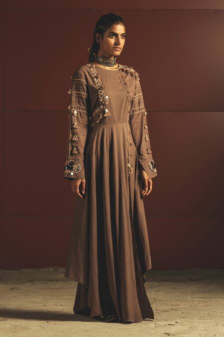 Priyanka Singh_Brown Cotton, Mul Round Embroidered Maxi Dress _Online_at_Aza_Fashions