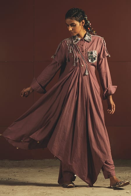 Priyanka Singh Purple Cotton, Mul Spread Collar Embroidered Draped Jumpsuit