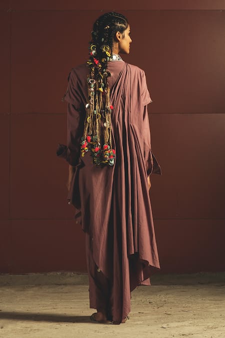 Shop Priyanka Singh Purple Cotton, Mul Spread Collar Embroidered Draped Jumpsuit at Aza Fashions Shop_Priyanka Singh_Purple Cotton, Mul Spread Collar Embroidered Draped Jumpsuit _at_Aza_Fashions