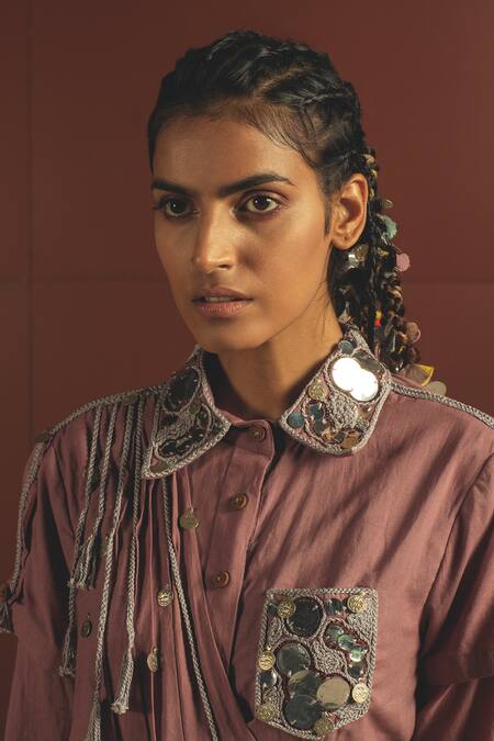 Priyanka Singh Purple Cotton, Mul Spread Collar Embroidered Draped Jumpsuit Online at Aza Fashions Priyanka Singh_Purple Cotton, Mul Spread Collar Embroidered Draped Jumpsuit _Online_at_Aza_Fashions