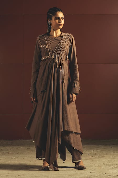 Priyanka Singh Brown Cotton Round Embroidered Kurta And Pant Set  