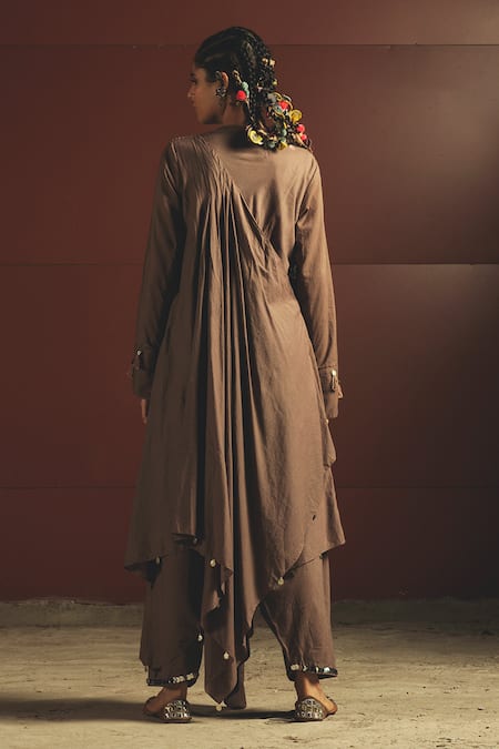 Shop Priyanka Singh Brown Cotton Round Embroidered Kurta And Pant Set at Aza Fashions Shop_Priyanka Singh_Brown Cotton Round Embroidered Kurta And Pant Set _at_Aza_Fashions