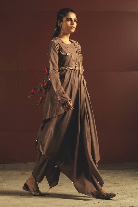 Priyanka Singh Brown Cotton Round Embroidered Kurta And Pant Set Online at Aza Fashions Priyanka Singh_Brown Cotton Round Embroidered Kurta And Pant Set _Online_at_Aza_Fashions