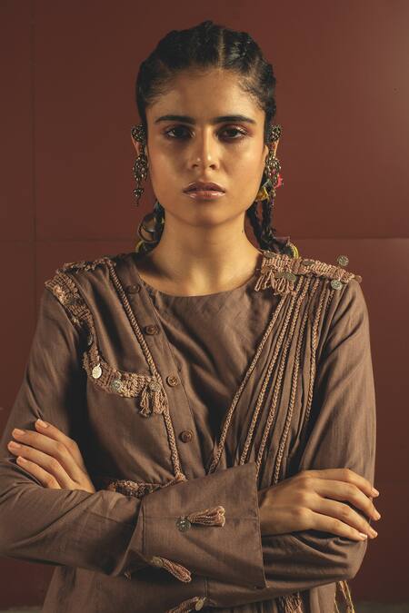 Shop Priyanka Singh Brown Cotton Round Embroidered Kurta And Pant Set Online at Aza Fashions Shop_Priyanka Singh_Brown Cotton Round Embroidered Kurta And Pant Set _Online_at_Aza_Fashions