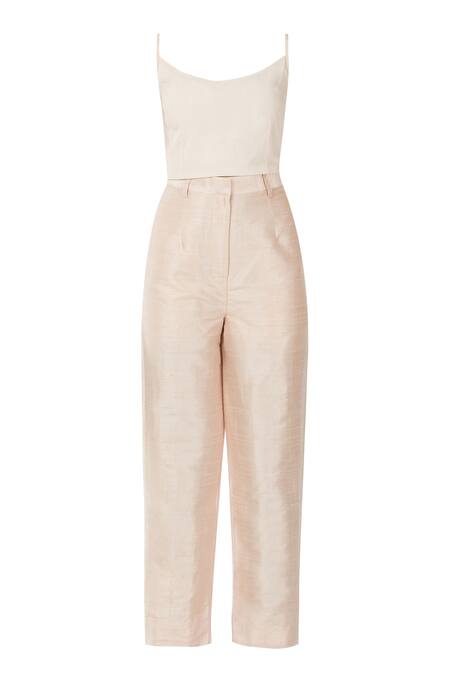 Buy_Priyanka Singh_Peach Raw Silk Crop Top U Neck Blazer Lapel Asymmetric And Pant Set  _Online_at_Aza_Fashions