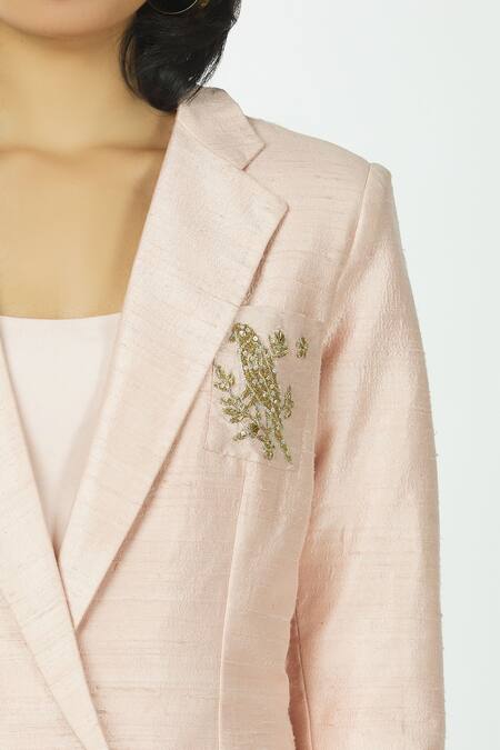 Priyanka Singh_Peach Raw Silk Crop Top U Neck Blazer Lapel Asymmetric And Pant Set  _at_Aza_Fashions