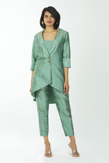 Priyanka Singh Green Raw Silk Crop Top U Neck Blazer Lapel Asymmetric And Pant Set  