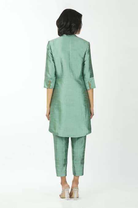 Shop Priyanka Singh Green Raw Silk Crop Top U Neck Blazer Lapel Asymmetric And Pant Set at Aza Fashions Shop_Priyanka Singh_Green Raw Silk Crop Top U Neck Blazer Lapel Asymmetric And Pant Set _at_Aza_Fashions