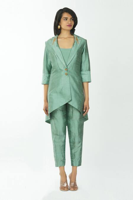 Priyanka Singh Green Raw Silk Crop Top U Neck Blazer Lapel Asymmetric And Pant Set Online at Aza Fashions Priyanka Singh_Green Raw Silk Crop Top U Neck Blazer Lapel Asymmetric And Pant Set _Online_at_Aza_Fashions