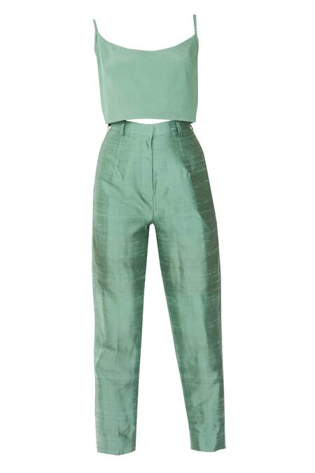Buy Priyanka Singh Green Raw Silk Crop Top U Neck Blazer Lapel Asymmetric And Pant Set Online at Aza Fashions Buy_Priyanka Singh_Green Raw Silk Crop Top U Neck Blazer Lapel Asymmetric And Pant Set _Online_at_Aza_Fashions