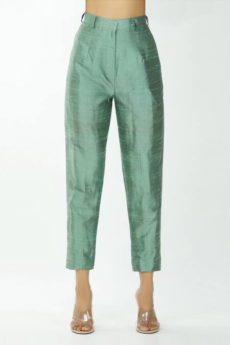 Shop Priyanka Singh Green Raw Silk Crop Top U Neck Blazer Lapel Asymmetric And Pant Set Online at Aza Fashions Shop_Priyanka Singh_Green Raw Silk Crop Top U Neck Blazer Lapel Asymmetric And Pant Set _Online_at_Aza_Fashions