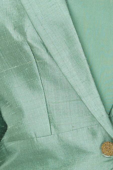 Priyanka Singh_Green Raw Silk Crop Top U Neck Blazer Lapel Asymmetric And Pant Set  _at_Aza_Fashions