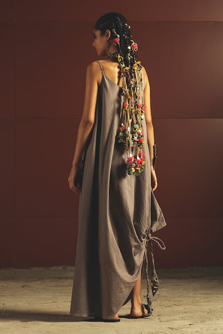 Shop Priyanka Singh Grey Cotton, Mul Round Embroidered Maxi Dress at Aza Fashions Shop_Priyanka Singh_Grey Cotton, Mul Round Embroidered Maxi Dress_at_Aza_Fashions