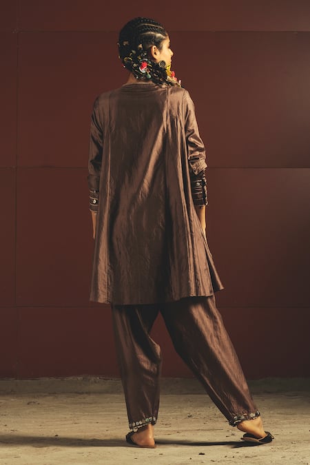 Shop Priyanka Singh Brown Silk Round Embroidered Kurta Set at Aza Fashions Shop_Priyanka Singh_Brown Silk Round Embroidered Kurta Set _at_Aza_Fashions