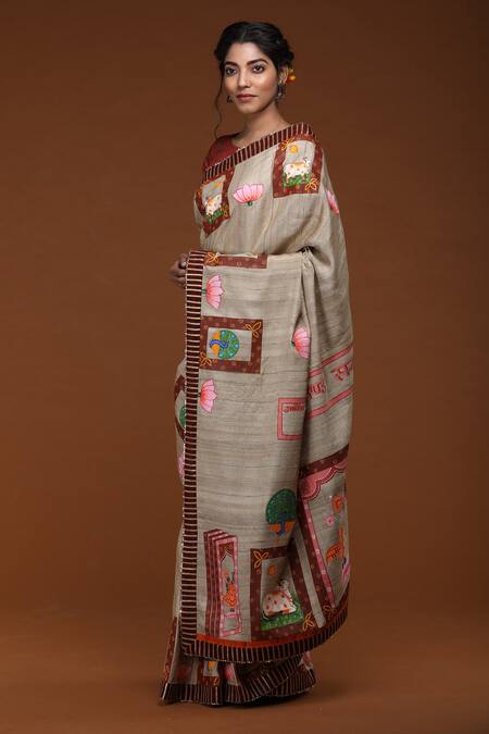 Buy_Label Pratham_Beige Hand-painted Tussar Ghicha Saree_Online_at_Aza_Fashions