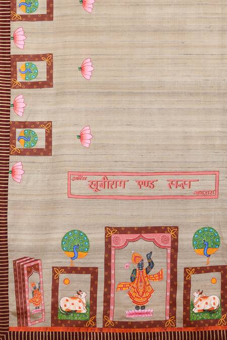 Shop_Label Pratham_Beige Hand-painted Tussar Ghicha Saree_Online_at_Aza_Fashions