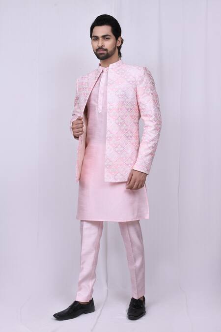 Khwaab by Sanjana Lakhani Pink Art Silk Embroidered Floral Jacket And Kurta Set