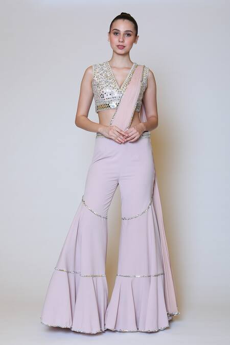 Preeti S Kapoor_Pink Georgette, Dupion Mirror, Sequins V Neck Draped Gharara Saree Set _Online_at_Aza_Fashions