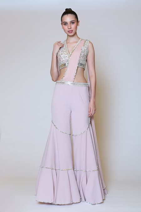 Buy_Preeti S Kapoor_Pink Georgette, Dupion Mirror, Sequins V Neck Draped Gharara Saree Set _Online_at_Aza_Fashions