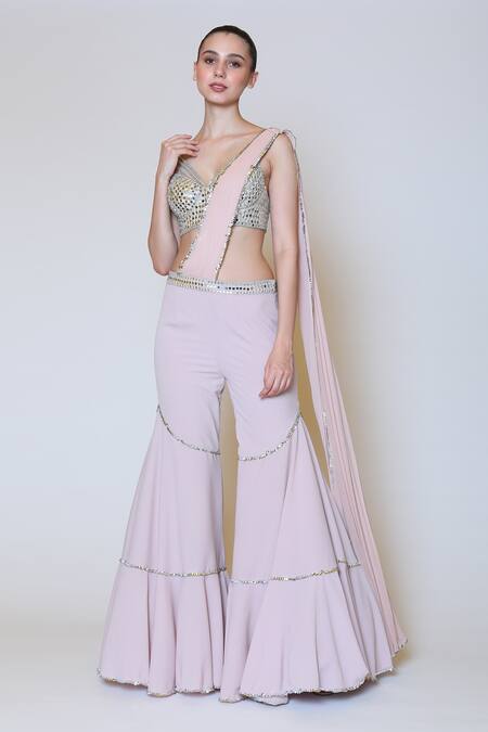 Preeti S Kapoor_Pink Georgette, Dupion Mirror, Sequins V Neck Draped Gharara Saree Set _Online_at_Aza_Fashions