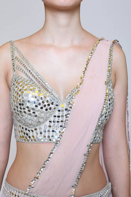 Buy_Preeti S Kapoor_Pink Georgette, Dupion Mirror, Sequins V Neck Draped Gharara Saree Set _Online_at_Aza_Fashions