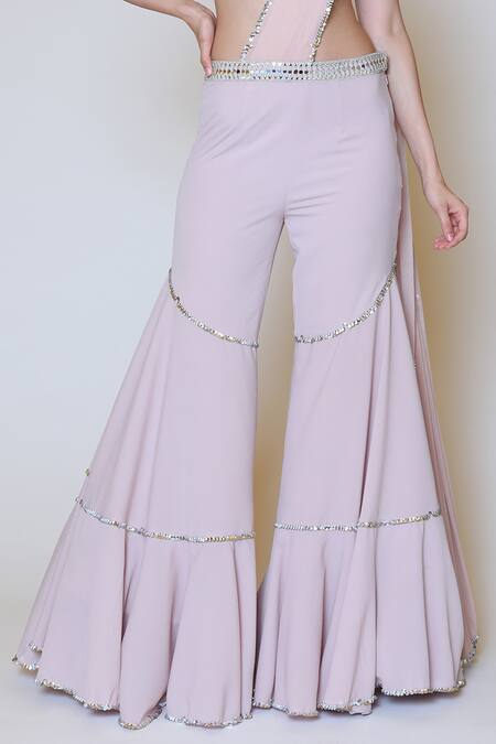 Shop_Preeti S Kapoor_Pink Georgette, Dupion Mirror, Sequins V Neck Draped Gharara Saree Set _Online_at_Aza_Fashions