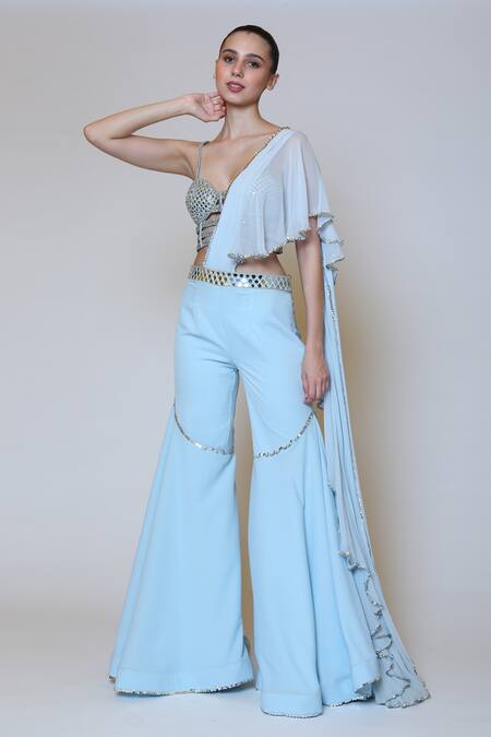 Buy_Preeti S Kapoor_Blue Georgette, Dupion Mirror, Sequins Sweetheart Neck Draped Gharara Saree Set _Online_at_Aza_Fashions