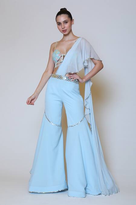 Preeti S Kapoor_Blue Georgette, Dupion Mirror, Sequins Sweetheart Neck Draped Gharara Saree Set _Online_at_Aza_Fashions