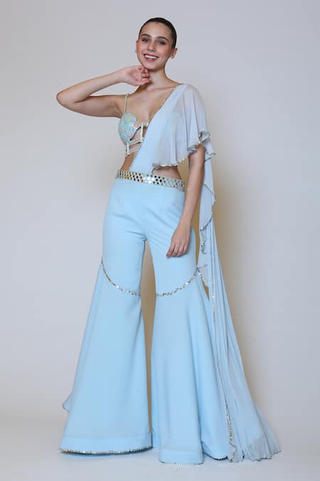 Buy_Preeti S Kapoor_Blue Georgette, Dupion Mirror, Sequins Sweetheart Neck Draped Gharara Saree Set _Online_at_Aza_Fashions