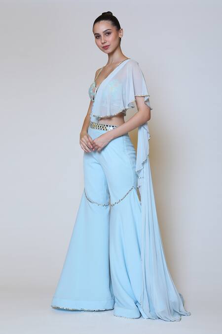 Shop_Preeti S Kapoor_Blue Georgette, Dupion Mirror, Sequins Sweetheart Neck Draped Gharara Saree Set _Online_at_Aza_Fashions