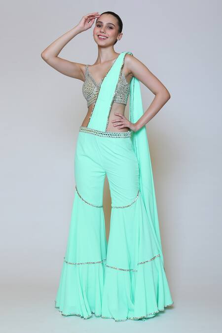 Preeti S Kapoor_Green Georgette, Dupion Mirror, Sequins V Neck Draped Gharara Saree Set _Online_at_Aza_Fashions