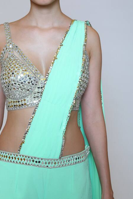 Shop_Preeti S Kapoor_Green Georgette, Dupion Mirror, Sequins V Neck Draped Gharara Saree Set _Online_at_Aza_Fashions