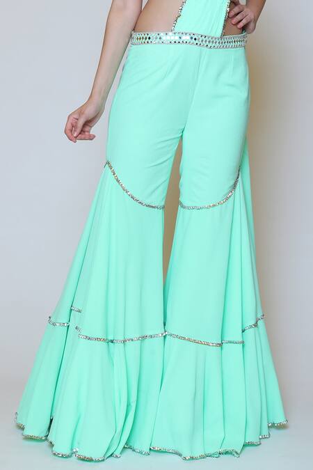 Preeti S Kapoor_Green Georgette, Dupion Mirror, Sequins V Neck Draped Gharara Saree Set _at_Aza_Fashions