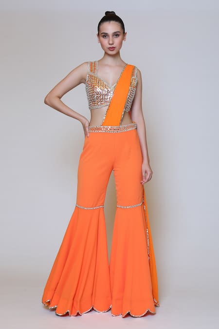 Preeti S Kapoor Orange Georgette Embroidered Sequins V Neck Draped Gharara Saree Set 