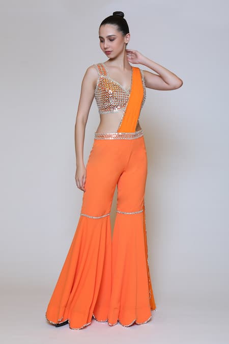 Preeti S Kapoor_Orange Georgette, Dupion Mirror, Sequins V Neck Draped Gharara Saree Set _Online_at_Aza_Fashions